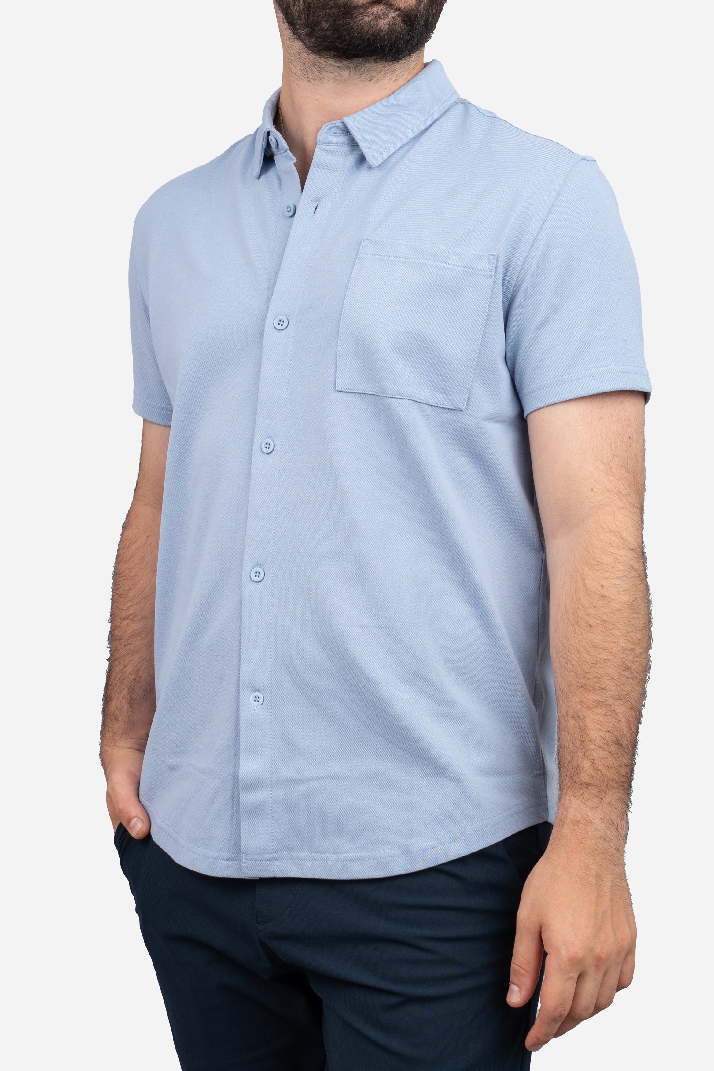 Performance Pique Short Sleeve Button Down Shirt Light Blue