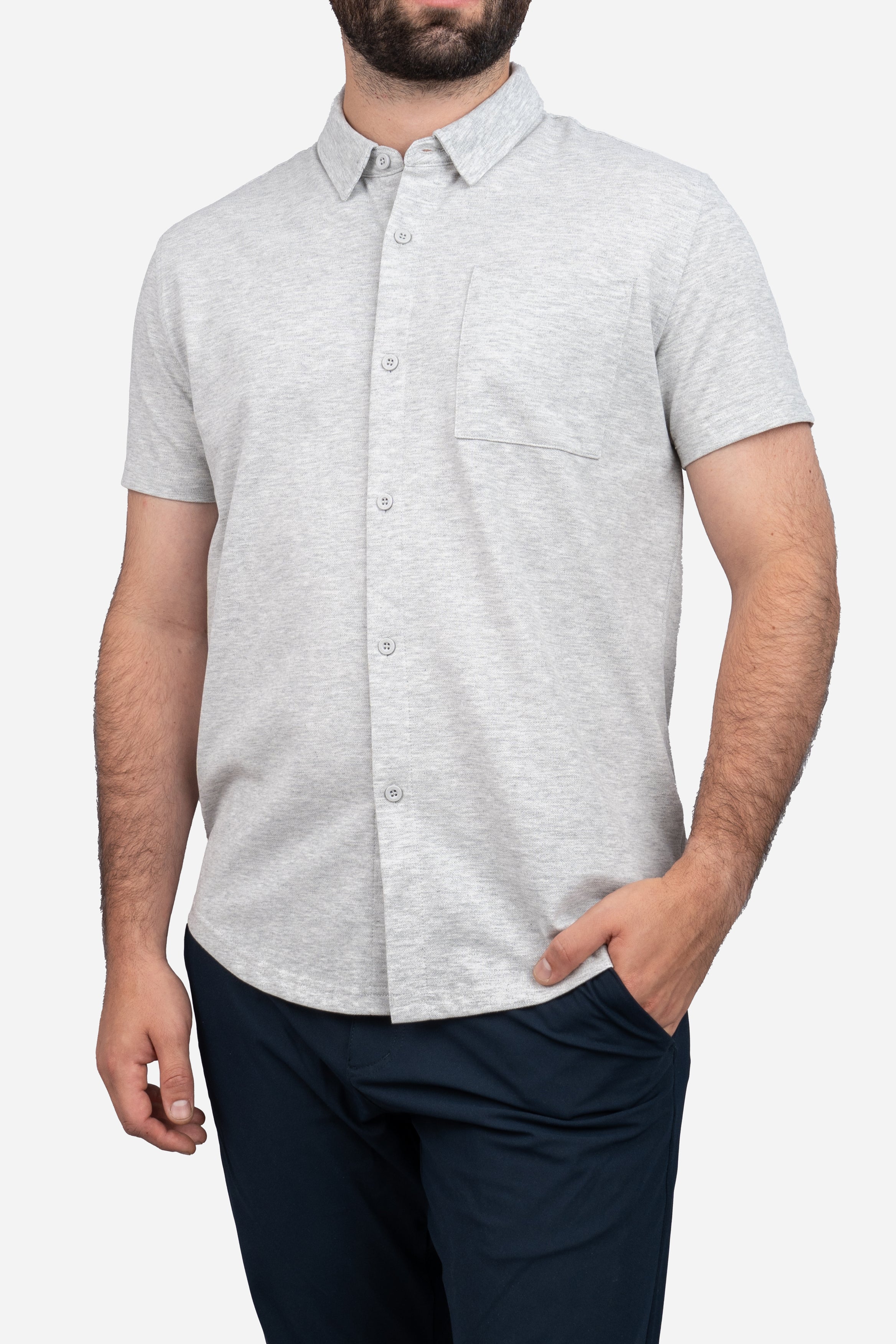 Performance Pique Short Sleeve Button Down Shirt Heather Gray