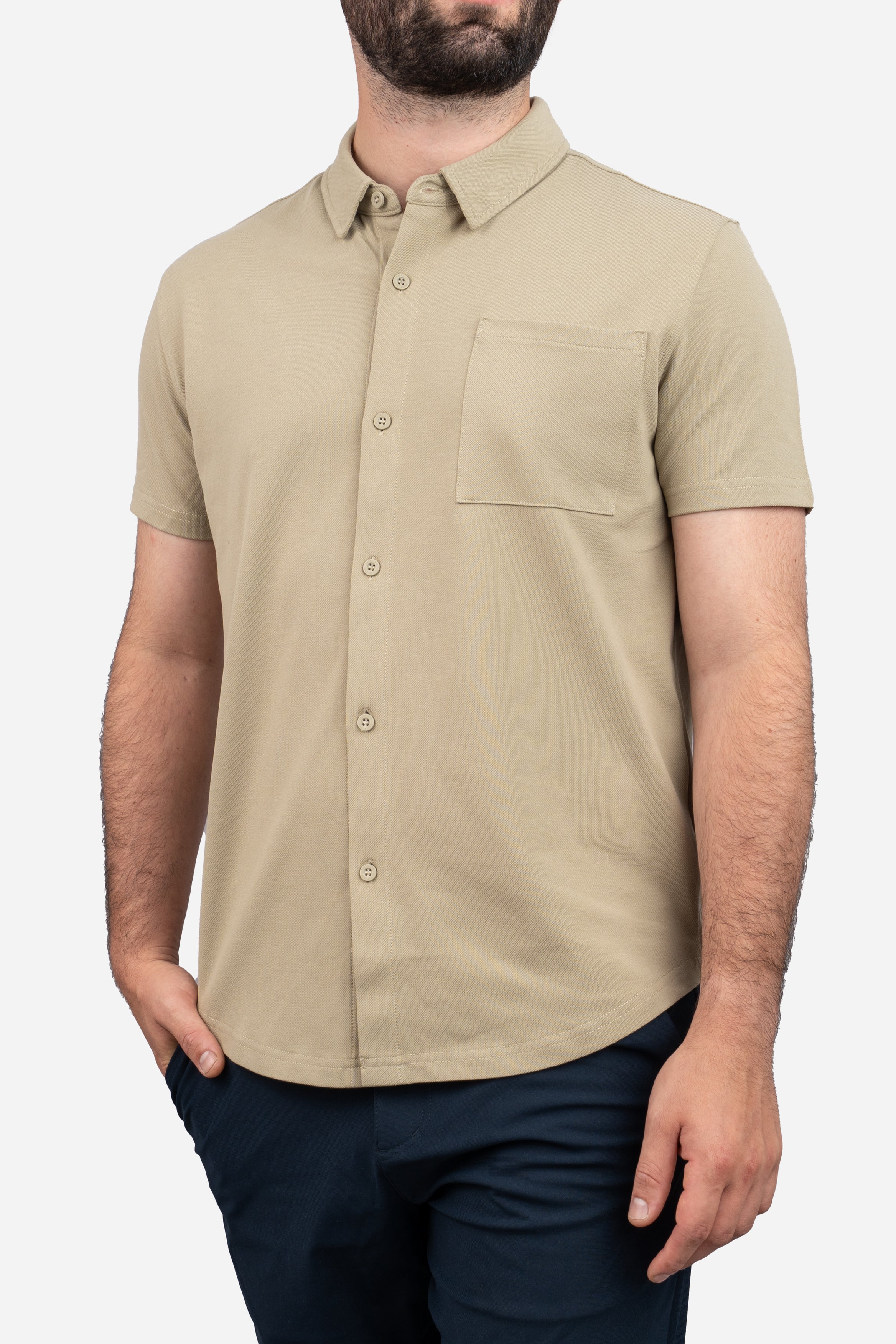 Performance Pique Short Sleeve Button Down Shirt Taupe