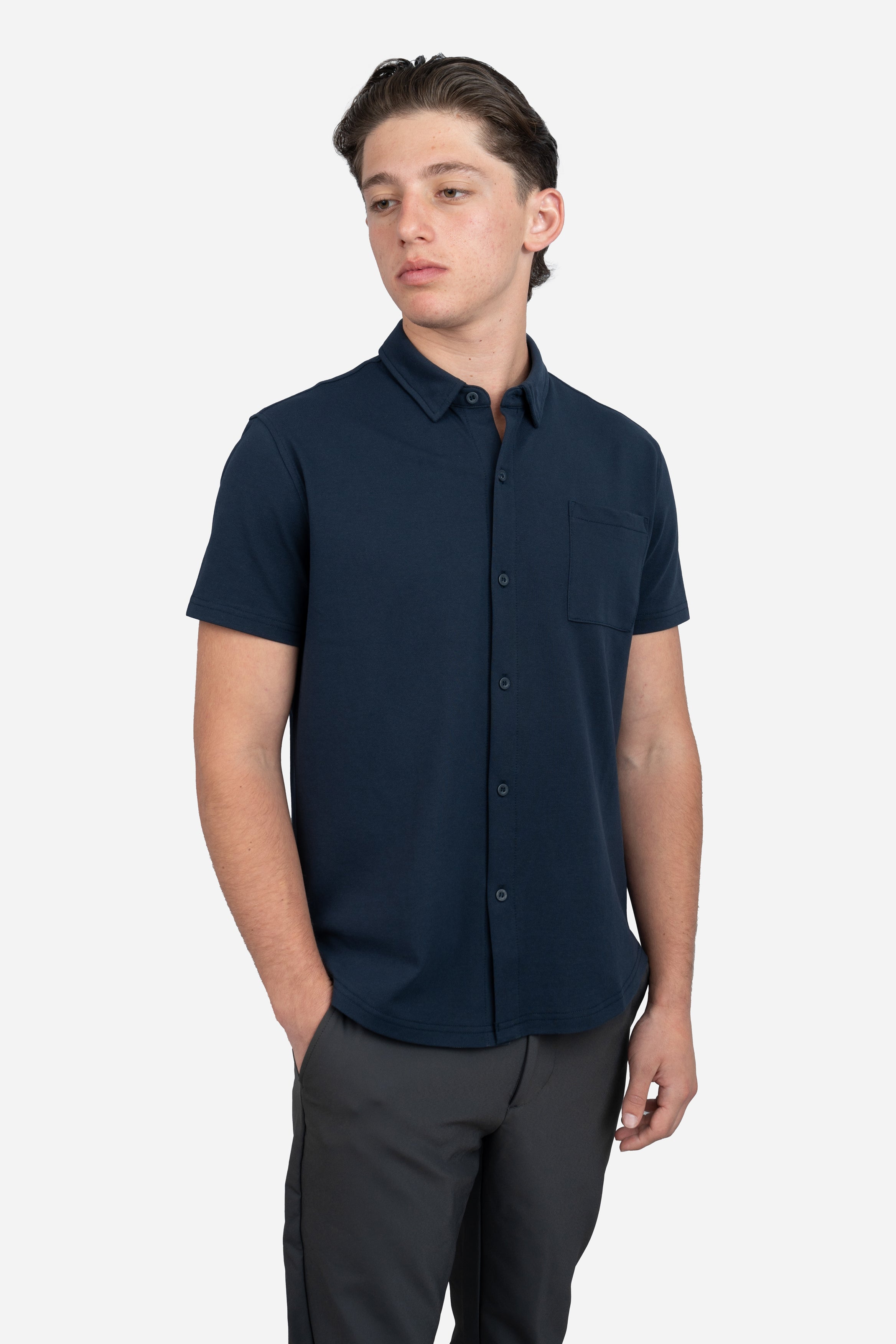 Performance Pique Short Sleeve Button Down Shirt Navy
