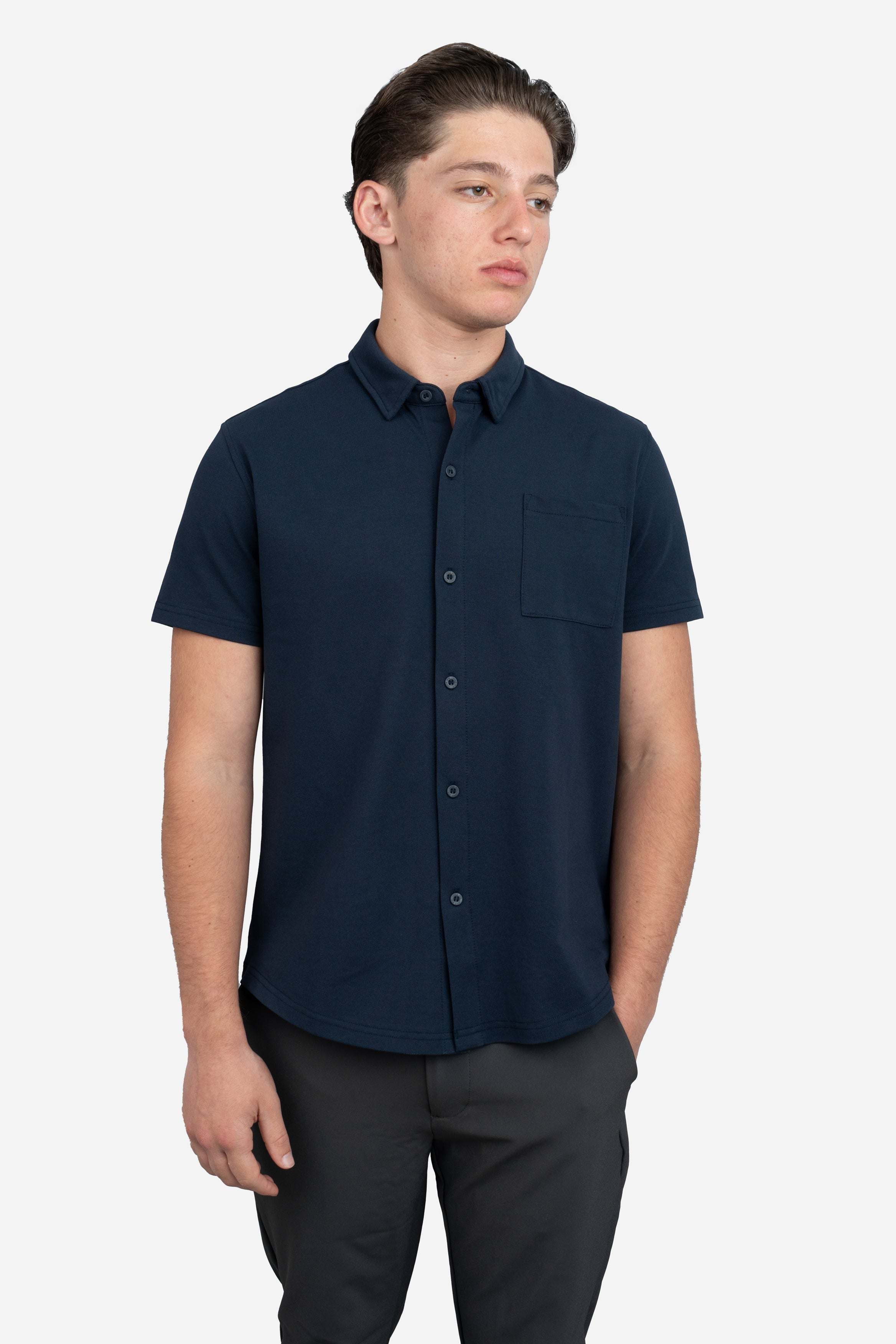 Performance Pique Short Sleeve Button Down Shirt Navy