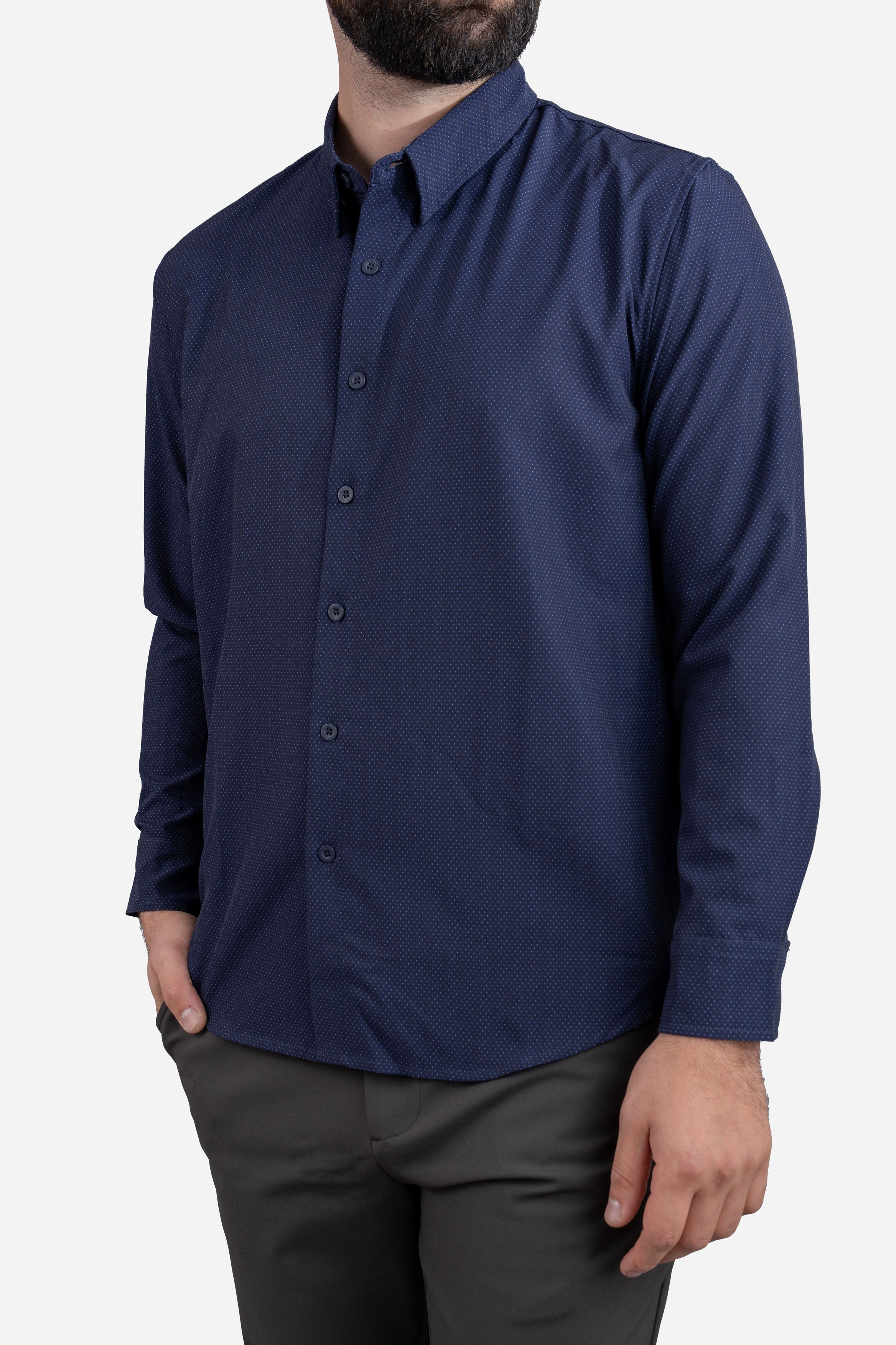 Warp Stretch Button Down Shirt Navy Pin Dot