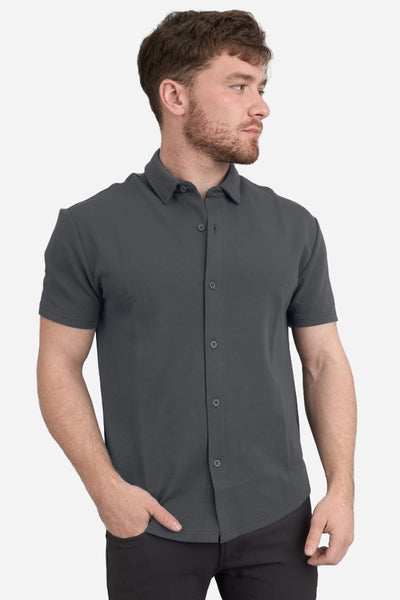 dark gray button down shirt