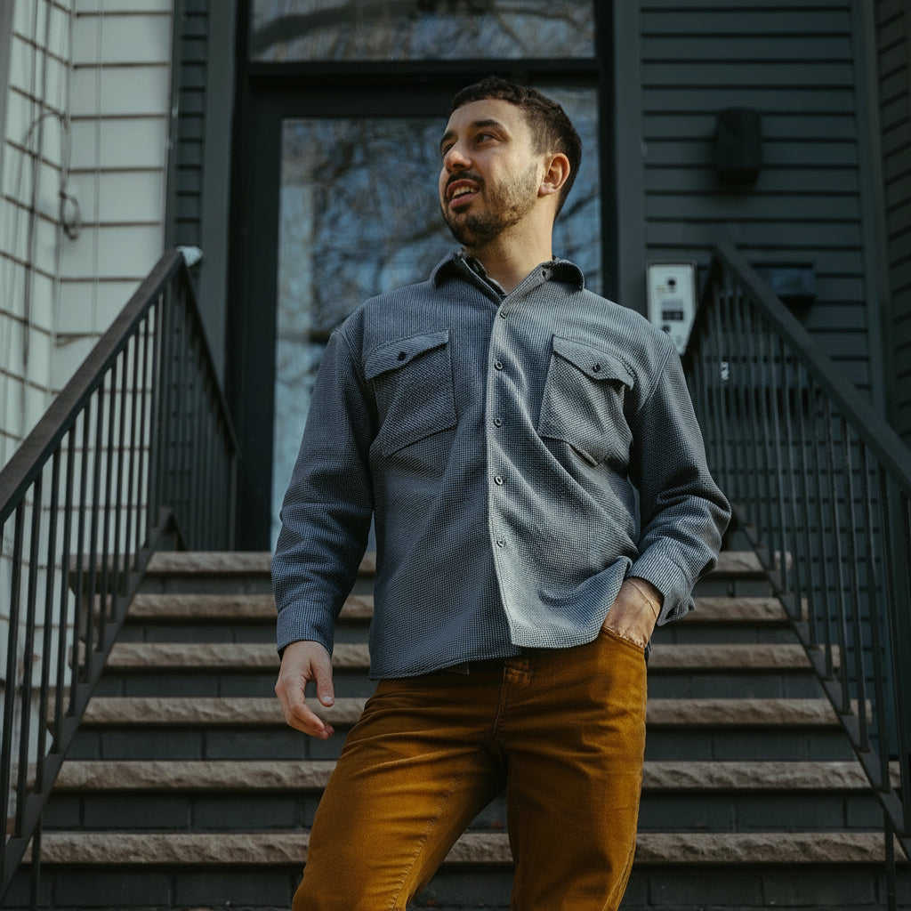 Man standing on a set of stairs wearing a gray shirt and mustard pants.