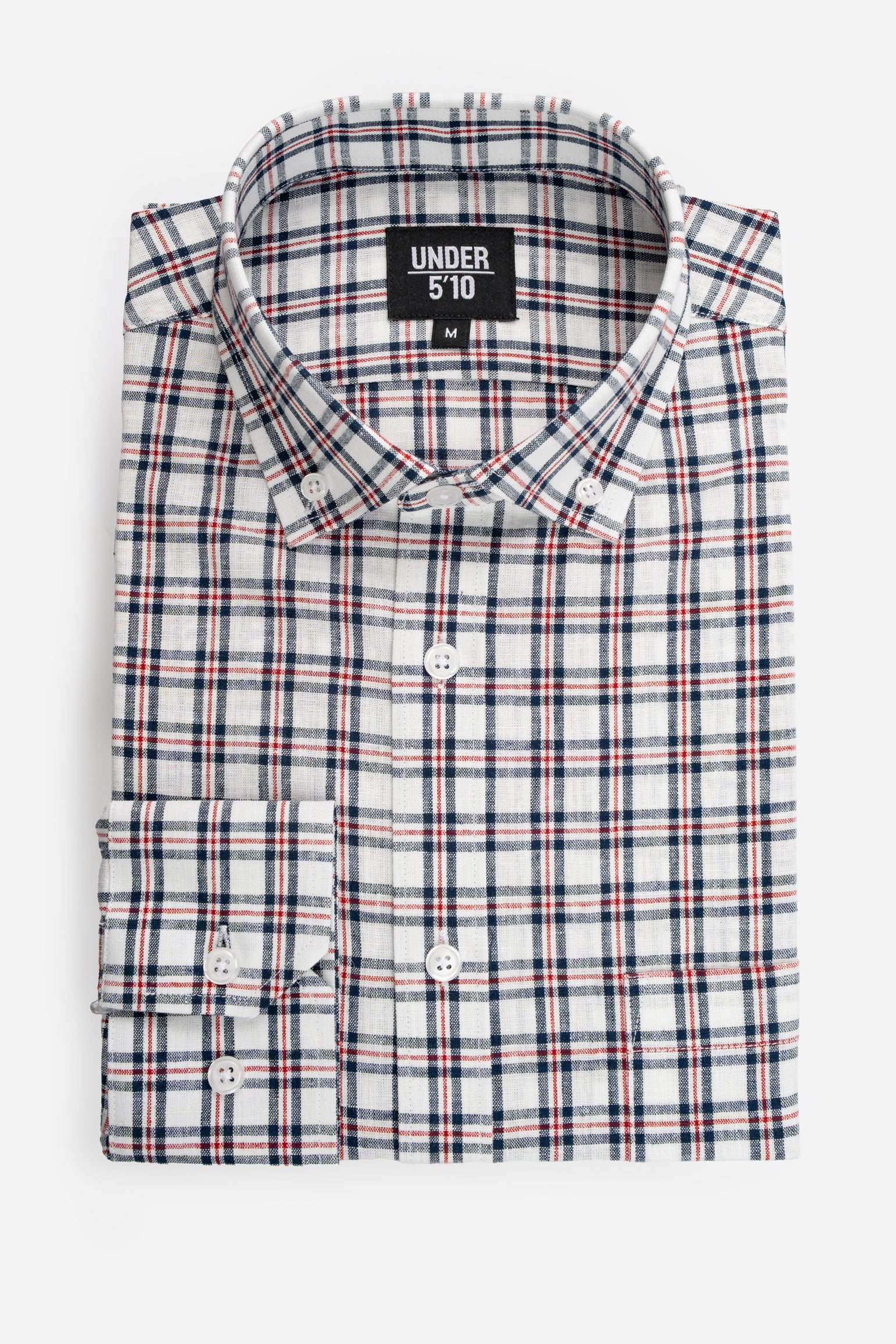 Linen Blend Button Down Shirt Navy Red Plaid