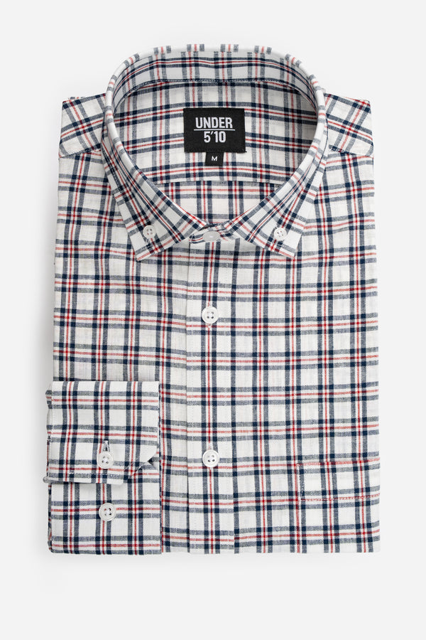 Linen Blend Button Down Shirt Navy Red Plaid