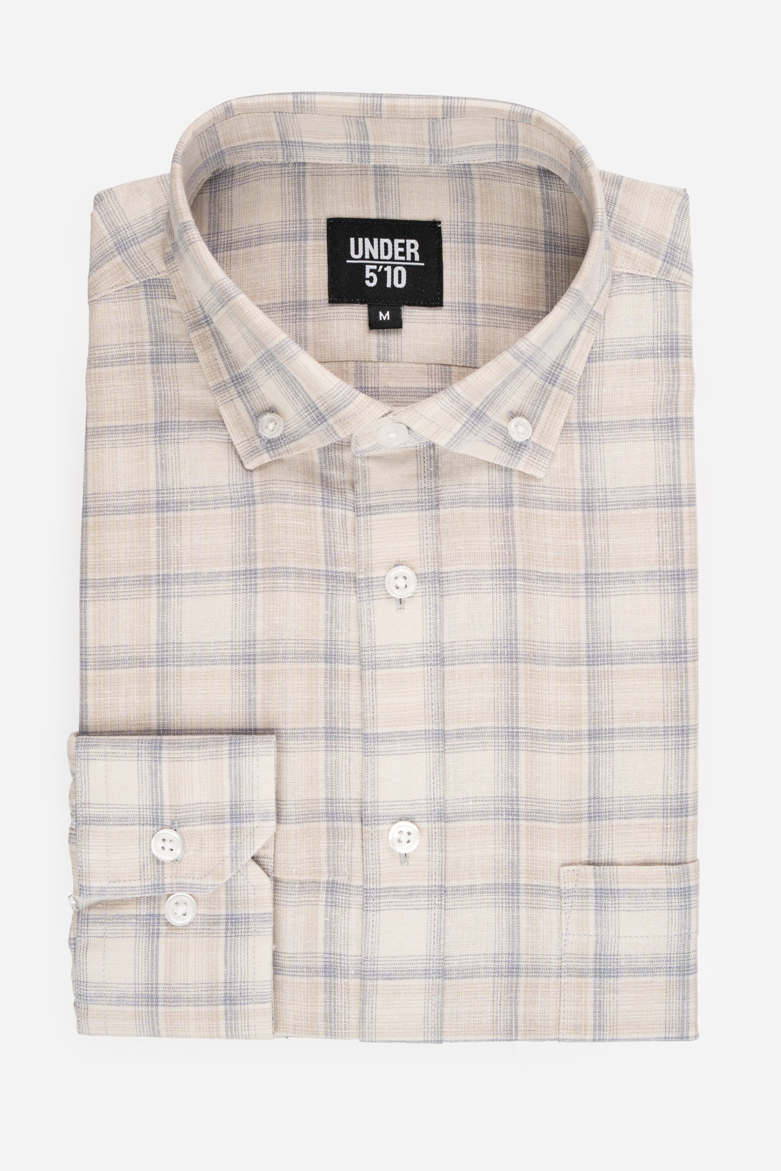 Linen Blend Button Down Shirt Beige Plaid