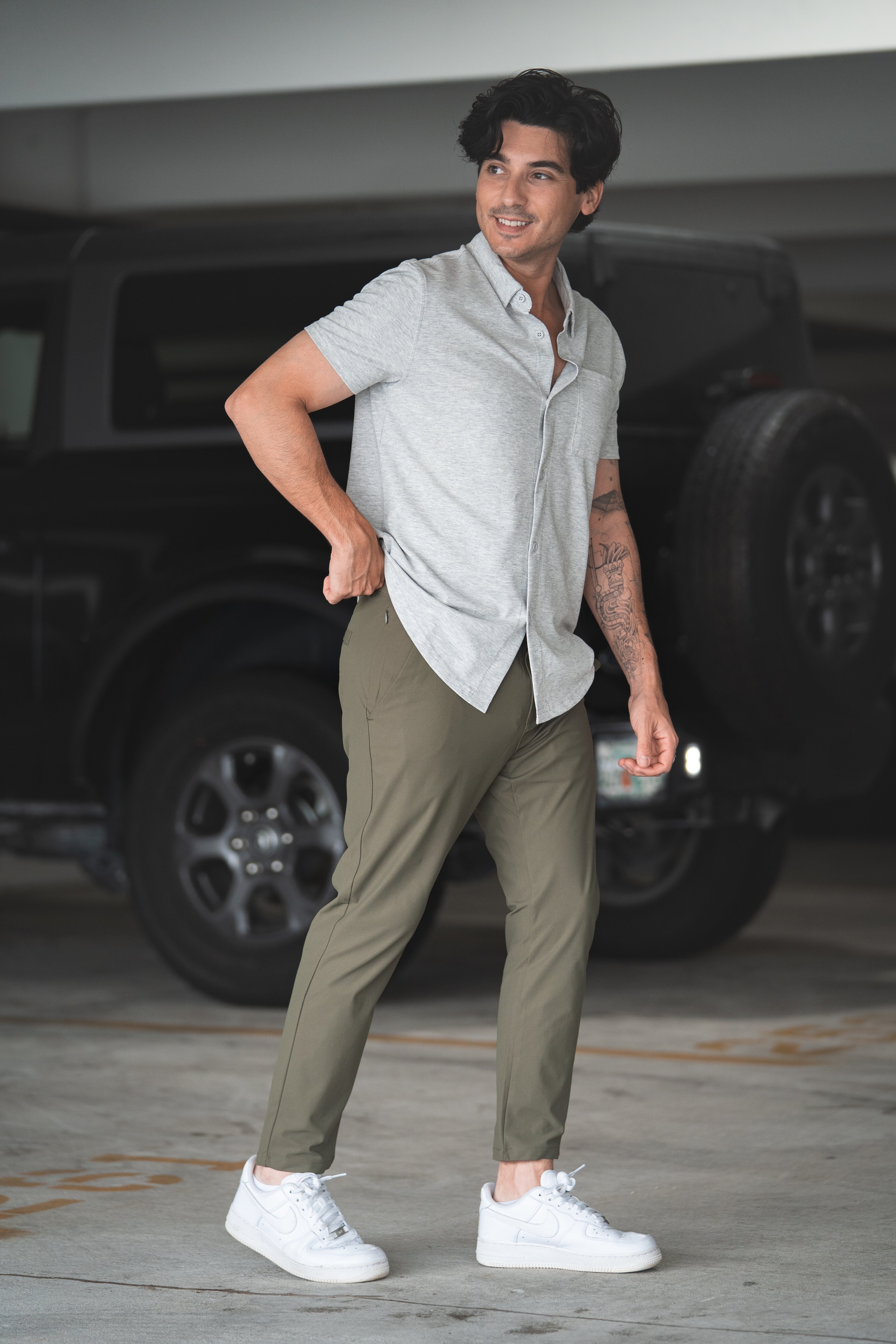 Performance Pique Short Sleeve Button Down Shirt Heather Gray