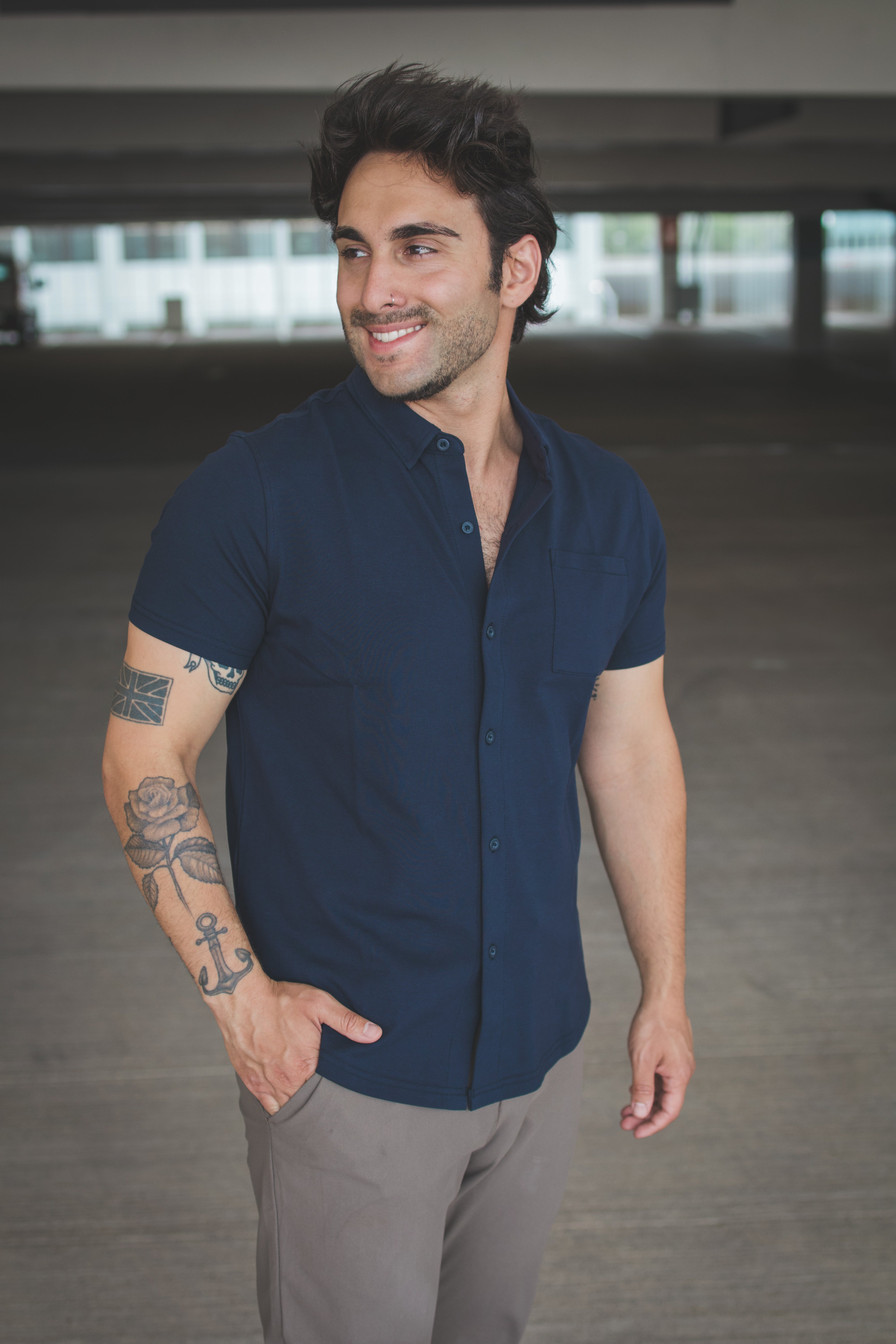 Performance Pique Short Sleeve Button Down Shirt Navy