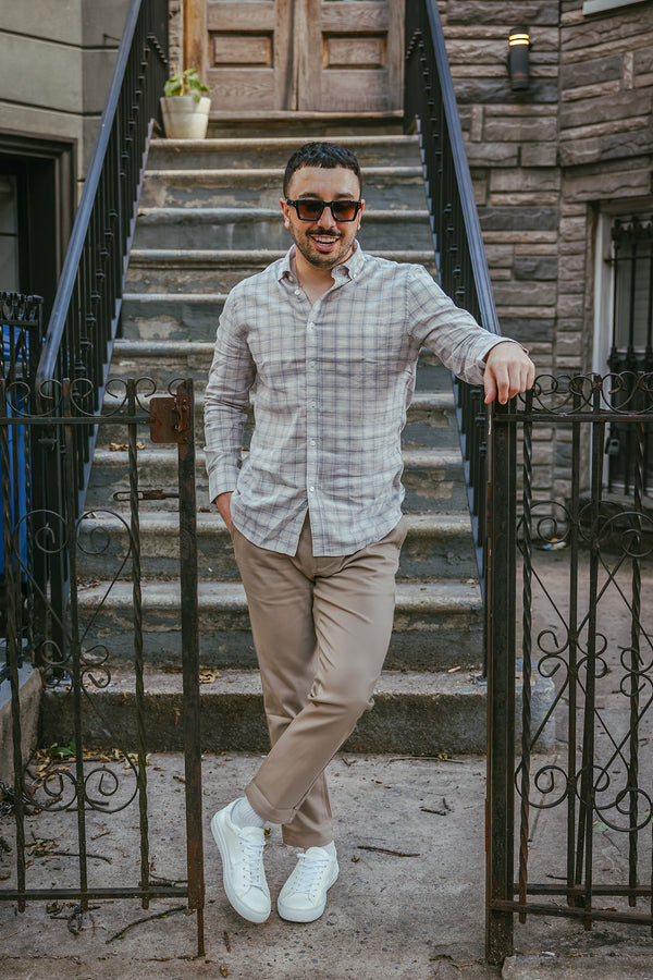 Linen Blend Button Down Shirt Beige Plaid