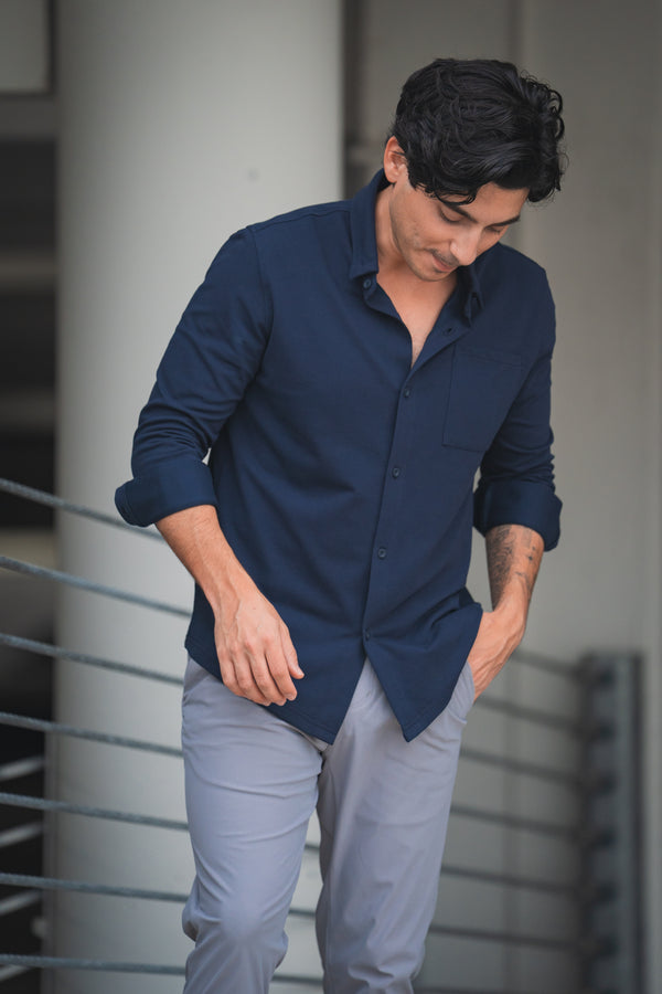 Performance Pique Button Down Shirt Navy