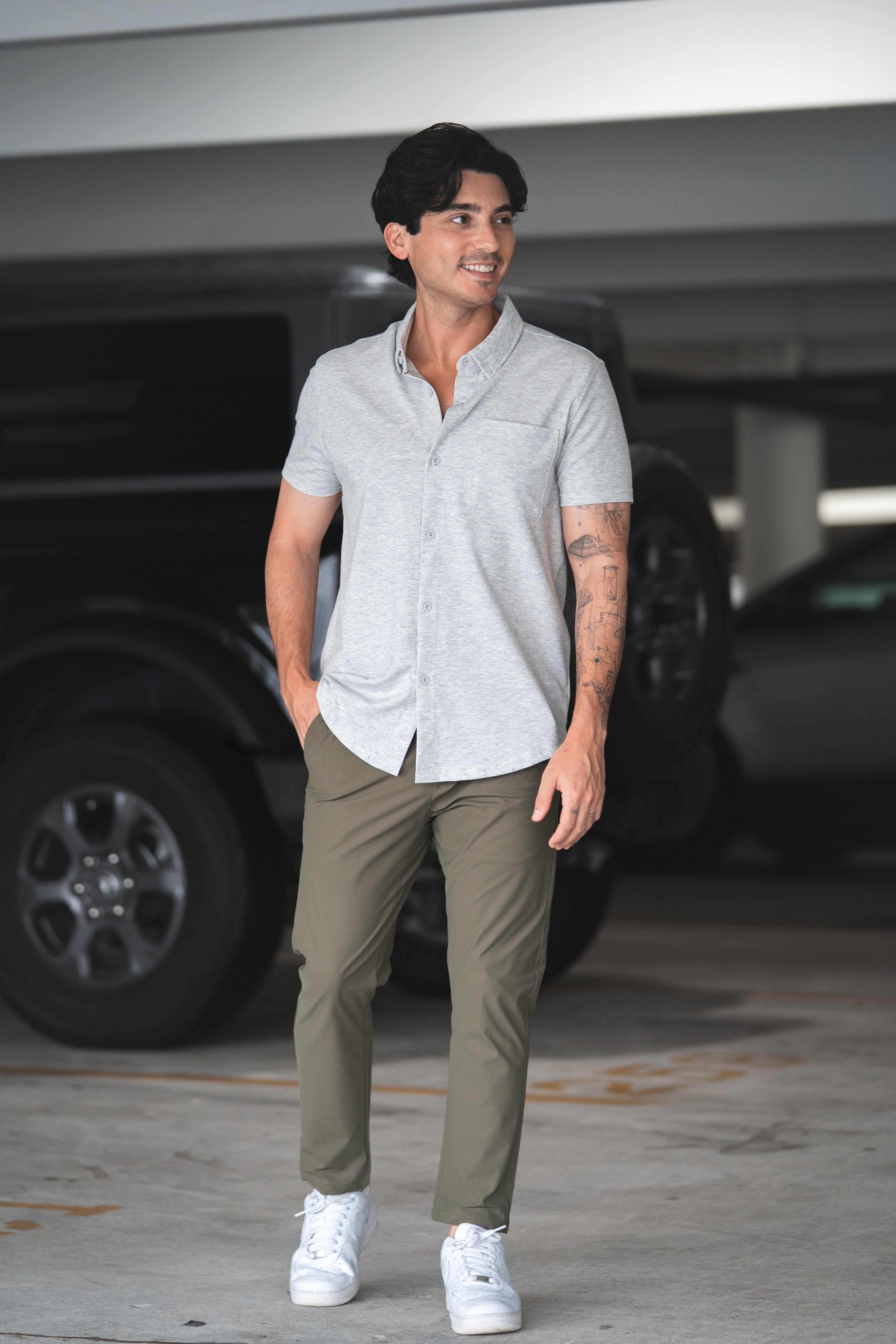 Performance Pique Short Sleeve Button Down Shirt Heather Gray