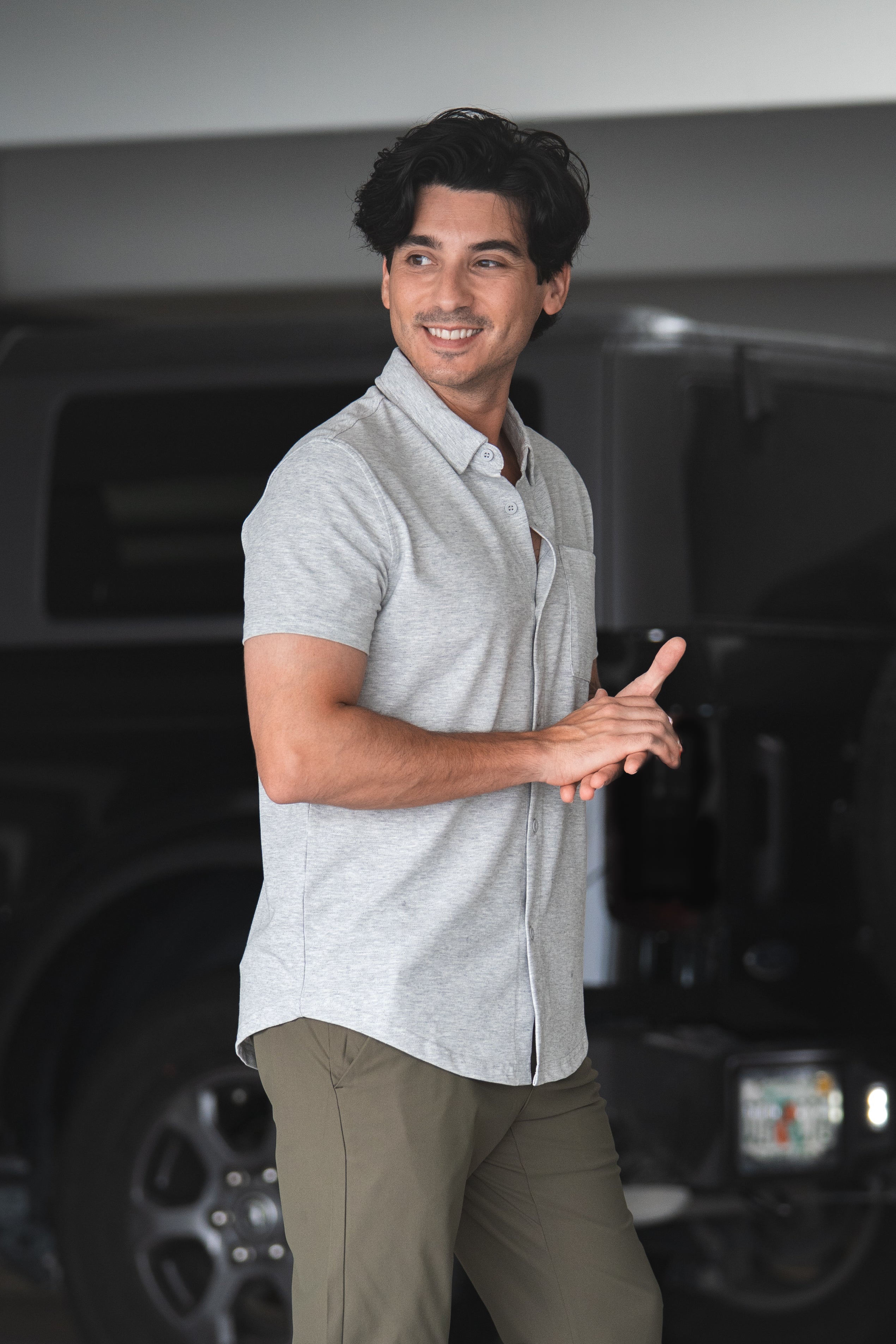 Performance Pique Short Sleeve Button Down Shirt Heather Gray