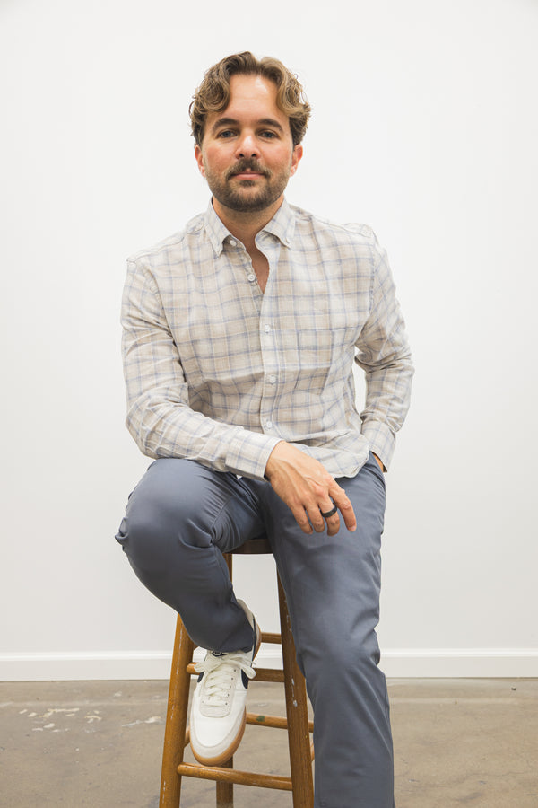 Linen Blend Button Down Shirt Beige Plaid