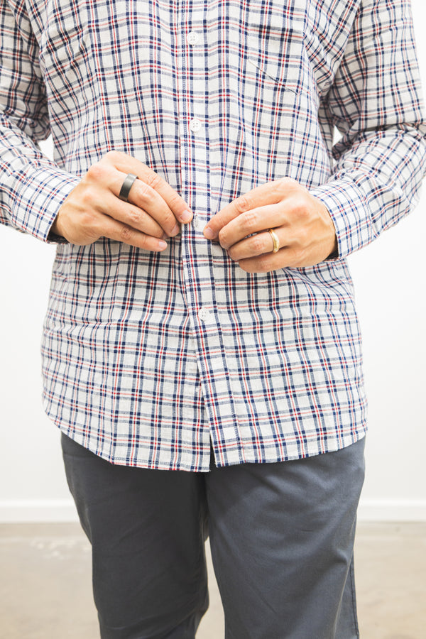 Linen Blend Button Down Shirt Navy Red Plaid