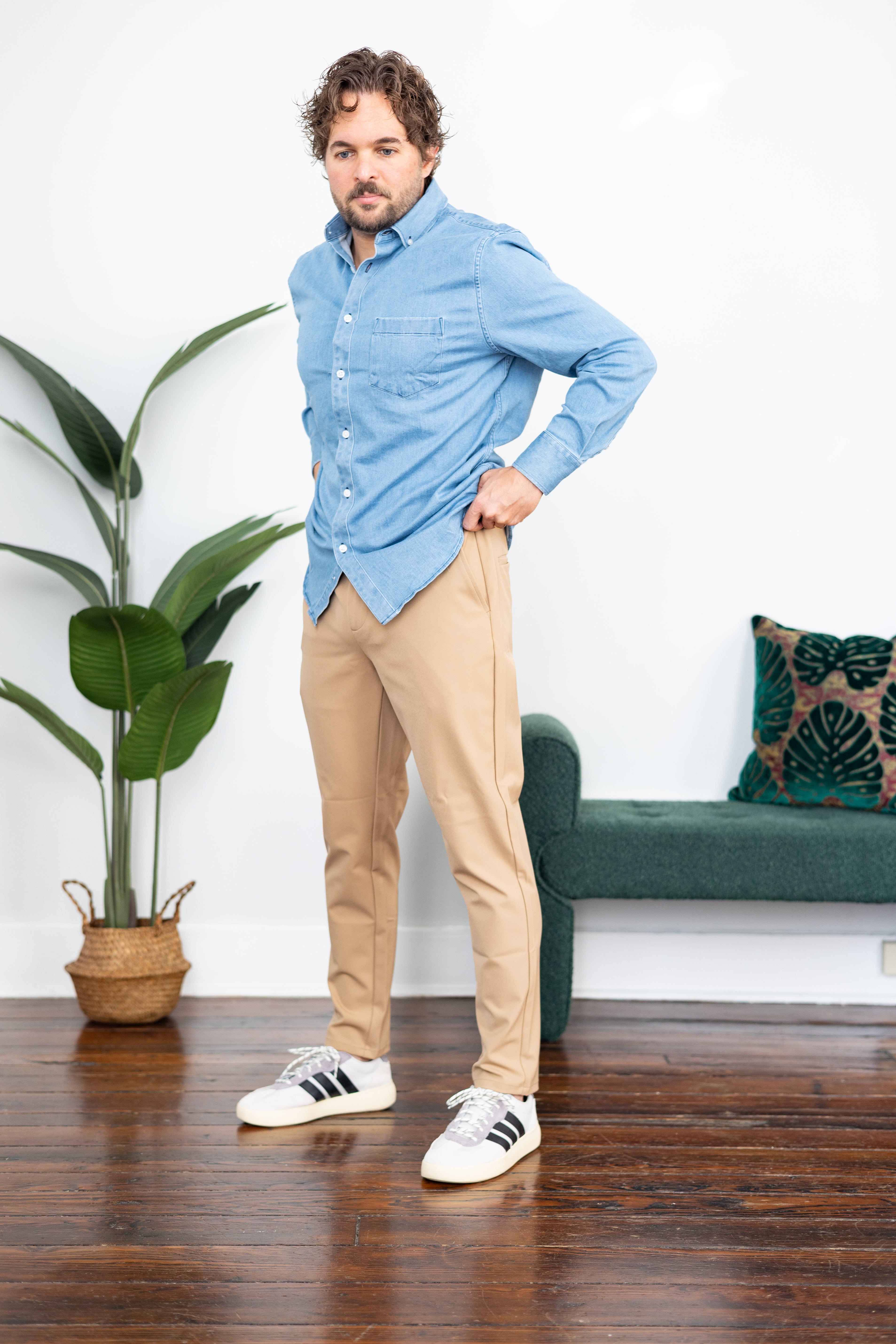 Stretch Denim Button Down Shirt Light Wash