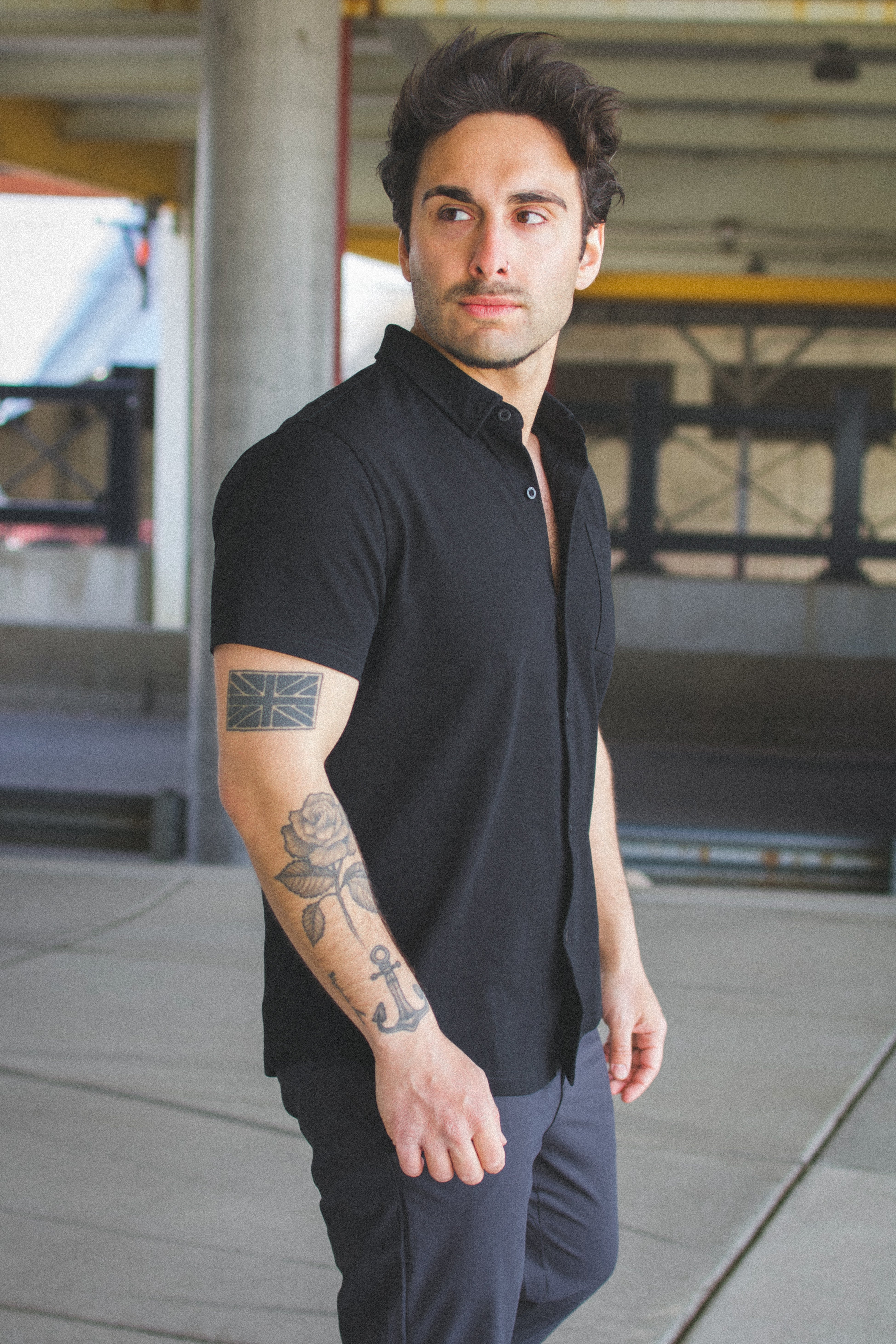 Performance Pique Short Sleeve Button Down Shirt Black