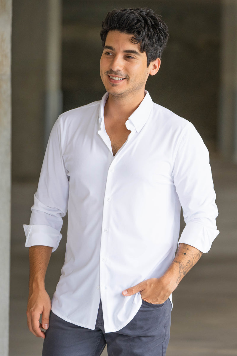 Performance Pique Long Sleeve Button Down Shirt White