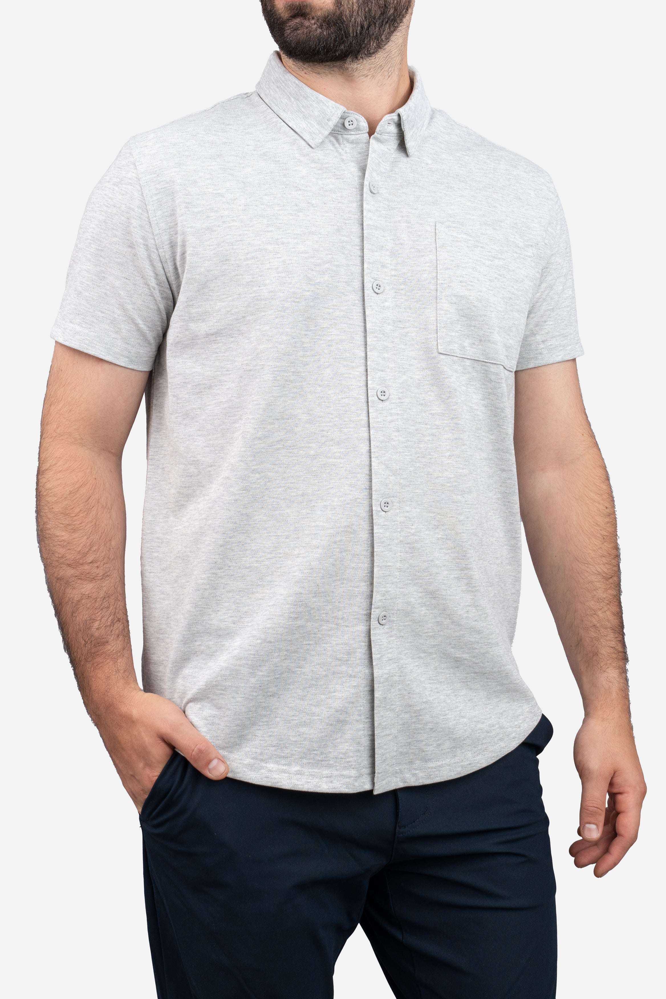 Performance Pique Short Sleeve Button Down Shirt Heather Gray