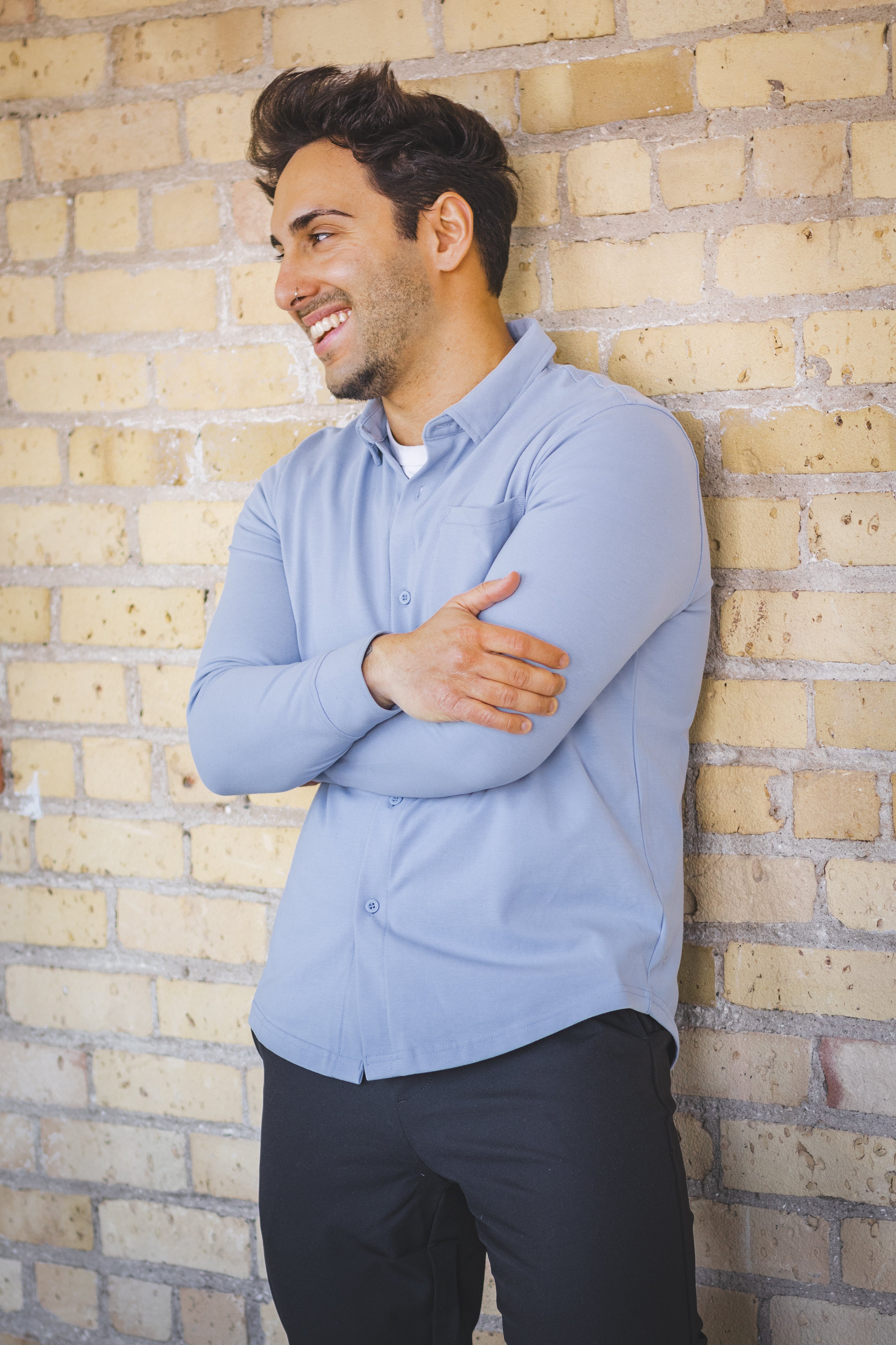 Performance Pique Button Down Shirt Light Blue