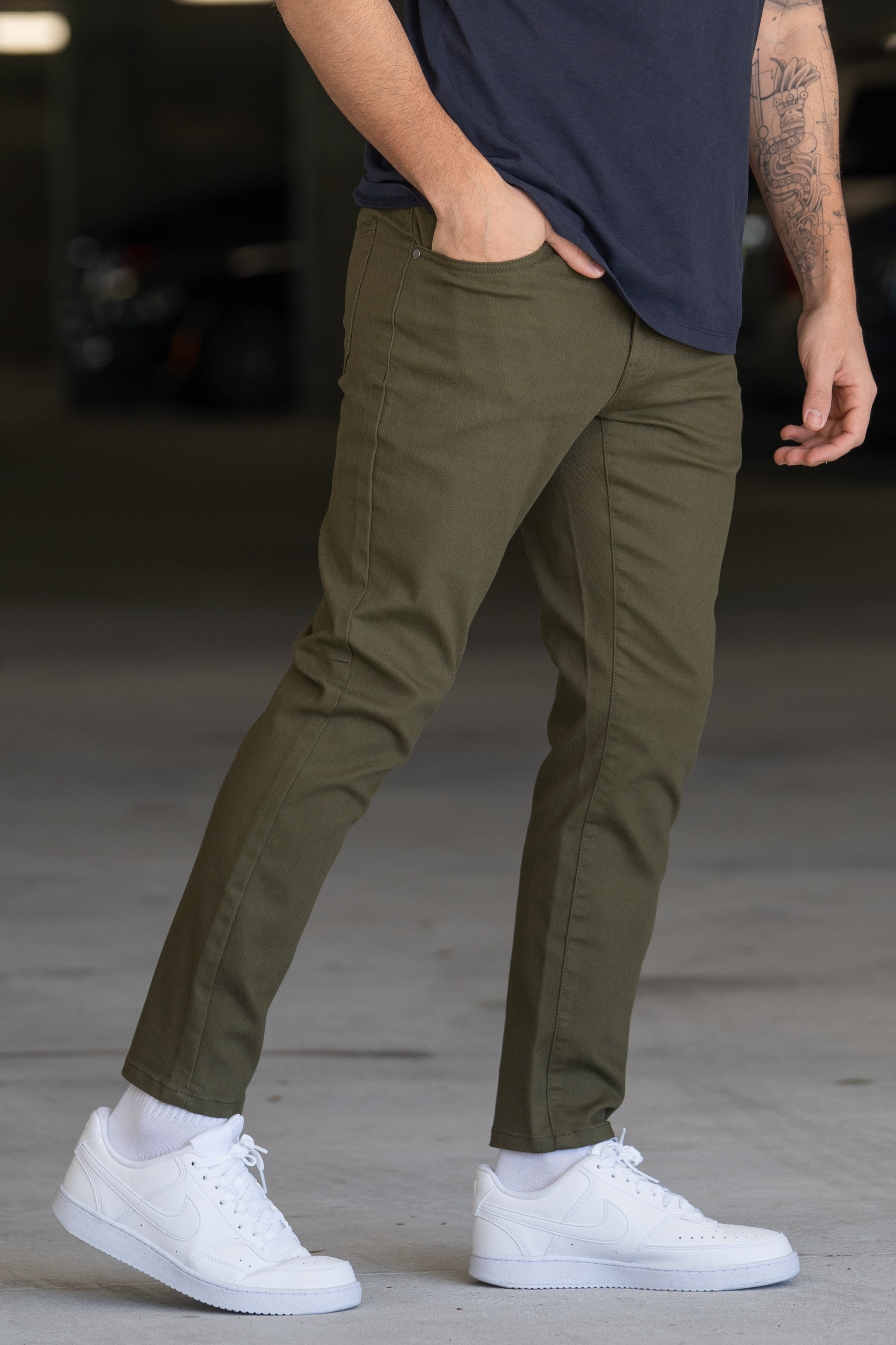 Garment Dyed Stretch Jeans Olive