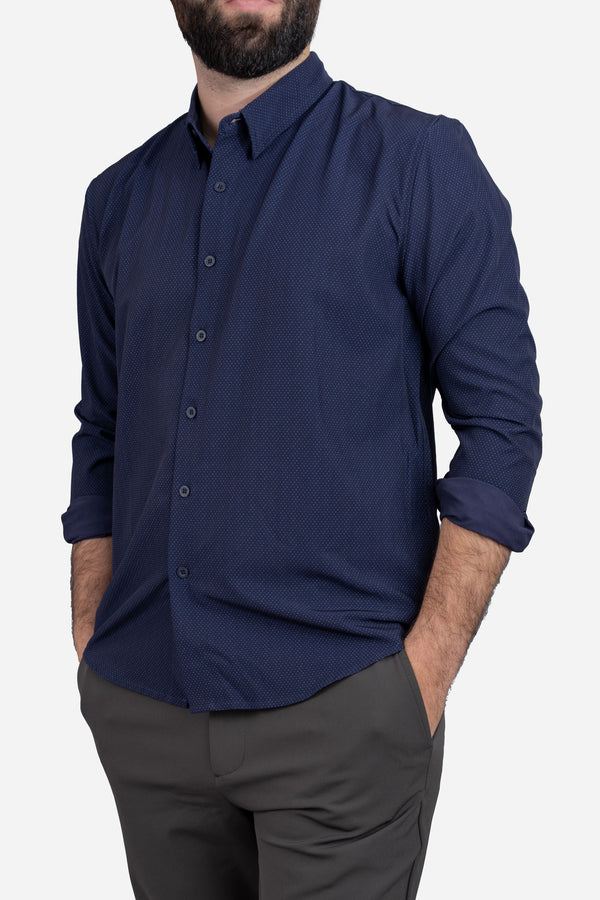 Warp Stretch Button Down Shirt Navy Pin Dot