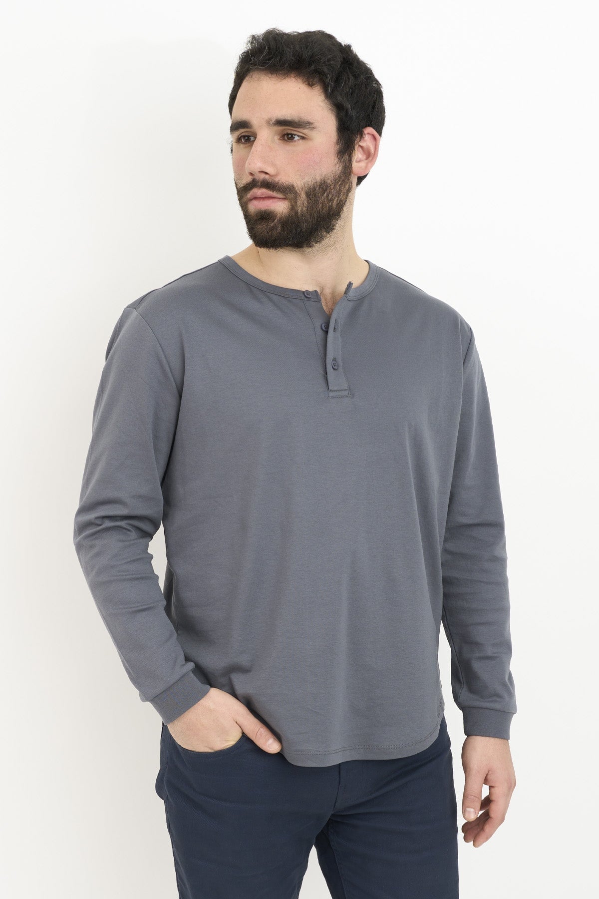 Pima Cool Touch Long Sleeve Henley T-Shirt Gray